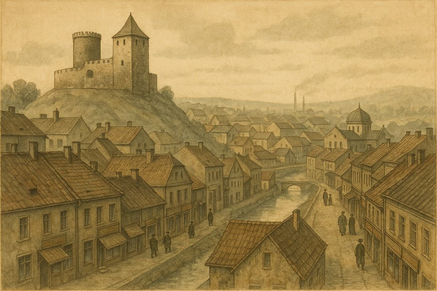 An illustrated impression of pre-war Będzin beneath its castle