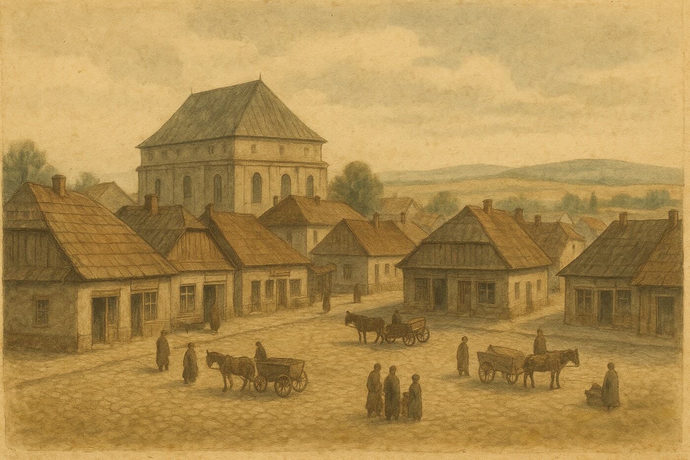An illustrated impression of pre-war Chmielnik's market square and synagogue