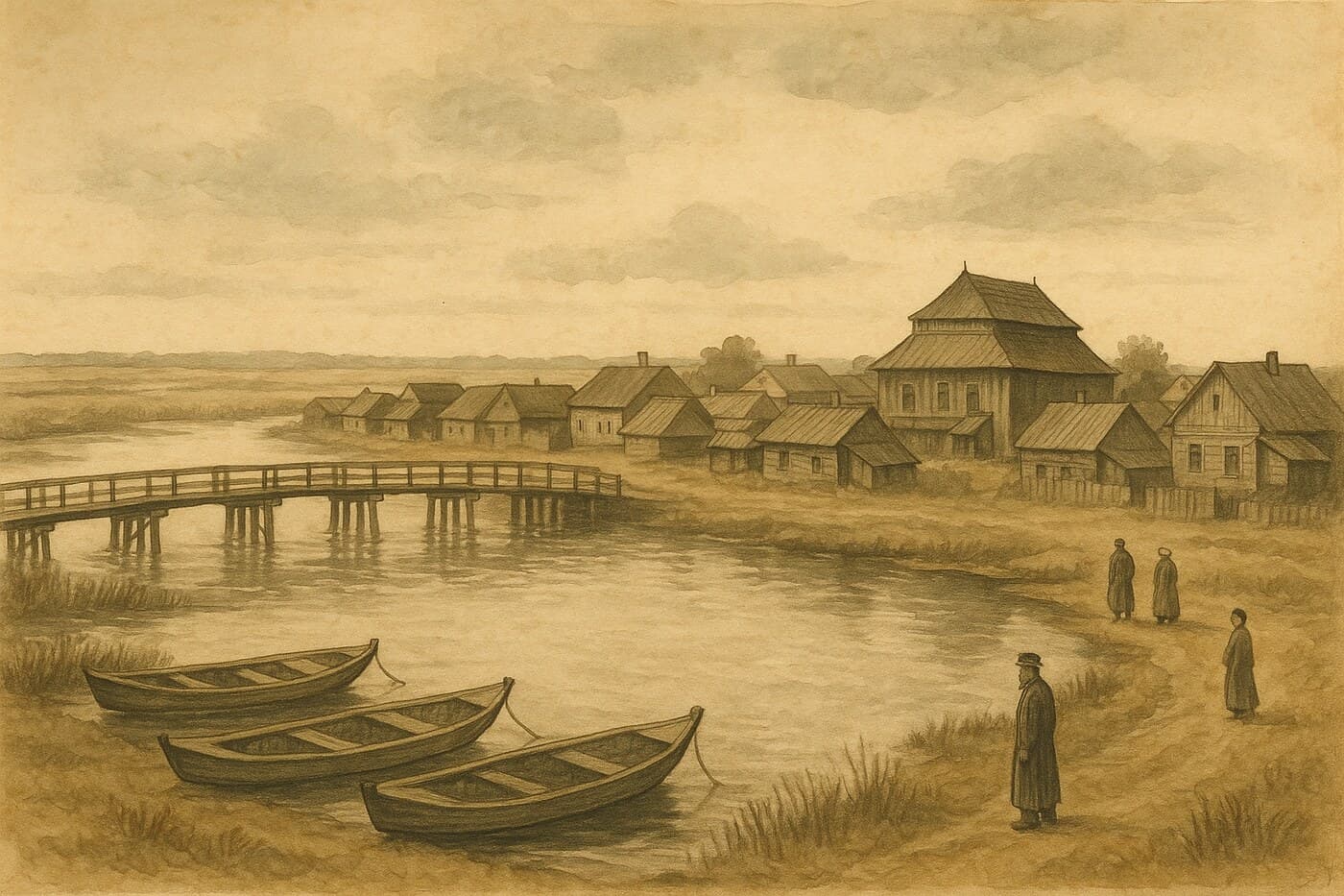 An illustrated impression of pre-war David-Horodok on the Horyn river
