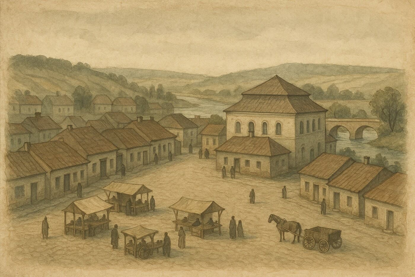 An illustrated impression of pre-war Skala on the Zbrucz